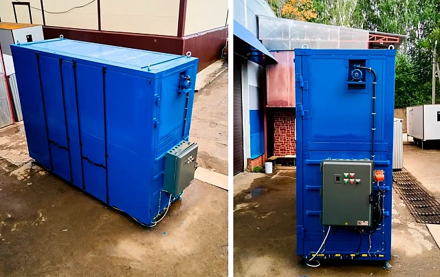 Нагревательная камера на 24 бочки по 200 литров или 6 еврокубов по 1000 литров, 2 уровня хранения, электрический обогрев ТЭНами или газом до -20 кВт, 4950x3850х1730 мм, рабочая температура нагрева до -250 ᵒС, напряжение -220/380В